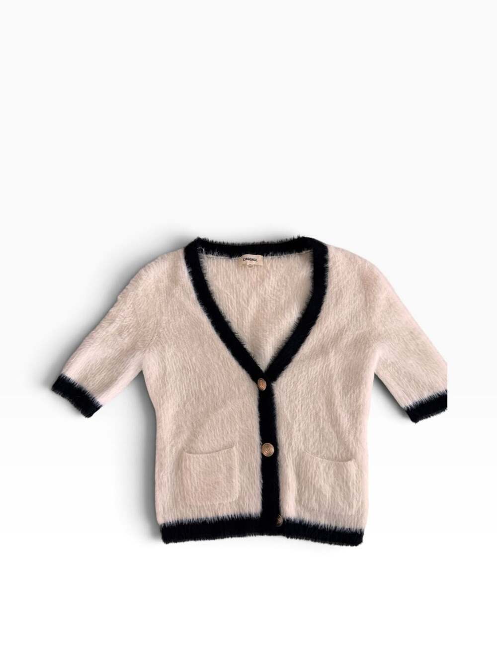 L'Agence Cardigan Size S/P White Black Fuzzy Short Sleeve